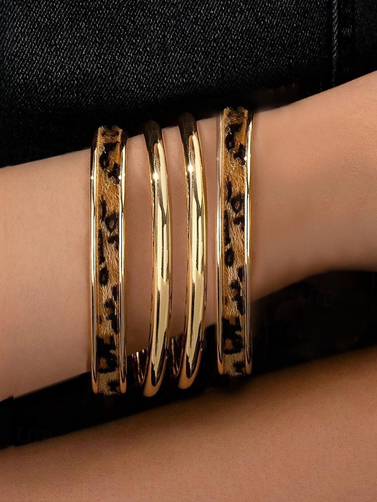 Dames manchetarmbanden met luipaardprint in goudkleurige legering – set van 4, stijlvol dierenprintontwerp, perfect voor casual en avondkleding 2026 - $11.99 –P1