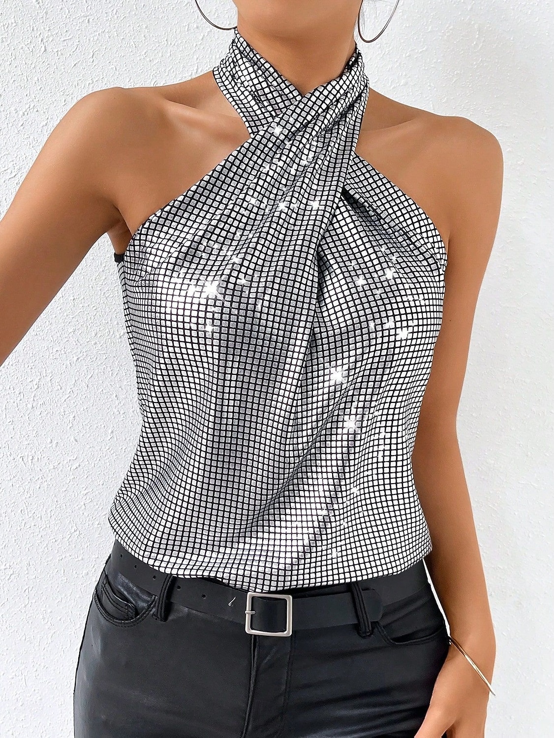 Femmes Débardeur caraco Paillettes Couleur Unie Élégant Occasionnel Sans manches Col Halter Hauts Réguliers Quotidien Fête Argent Été Printemps de 2026 ? $21.99 –P1