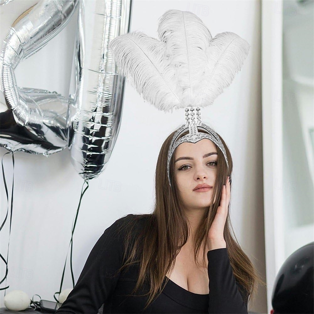 Carnaval 2026 Accesorios Samba del Carnaval de Río Diadema de Showgirl de Plumas de Avestruz Blanca - Diadema de Cristales y Piedras - Accesorio de Vestuario Burlesque Gatsby para Festival de Brasil 2026 - $53.99 –P2