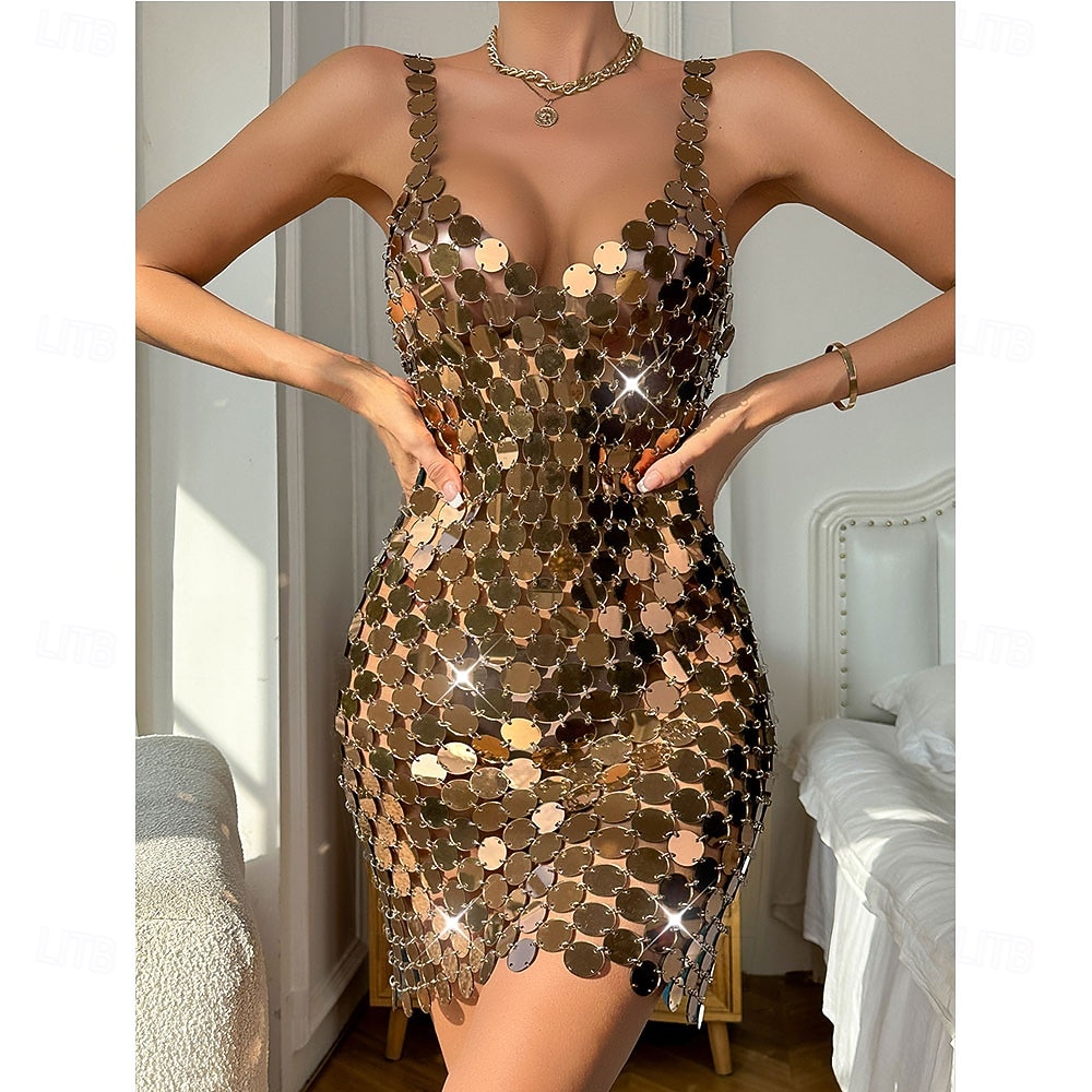 Samba Dancewear Abito Mini Glam Gold Sequin Disc da Donna - Costumi da ballo Bodycon metallici scintillanti  Performance da club del 2026 a $68.99 –P5