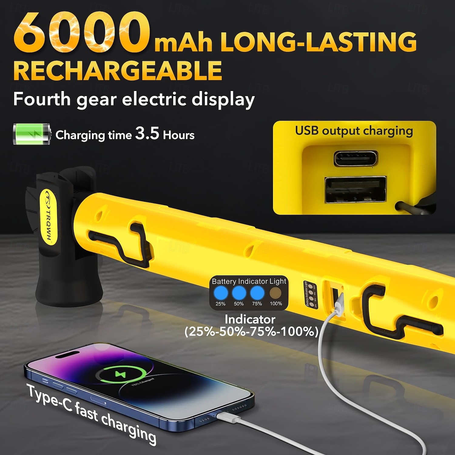 Pracovní světlo pro mechaniky pod kapotu s háčky - 3200lm 6000mah dobíjecí přenosné magnetické LED pracovní světlo pro opravu auta, garáž, dílnu, kempování, žluté 2026 - $69.99 –P5