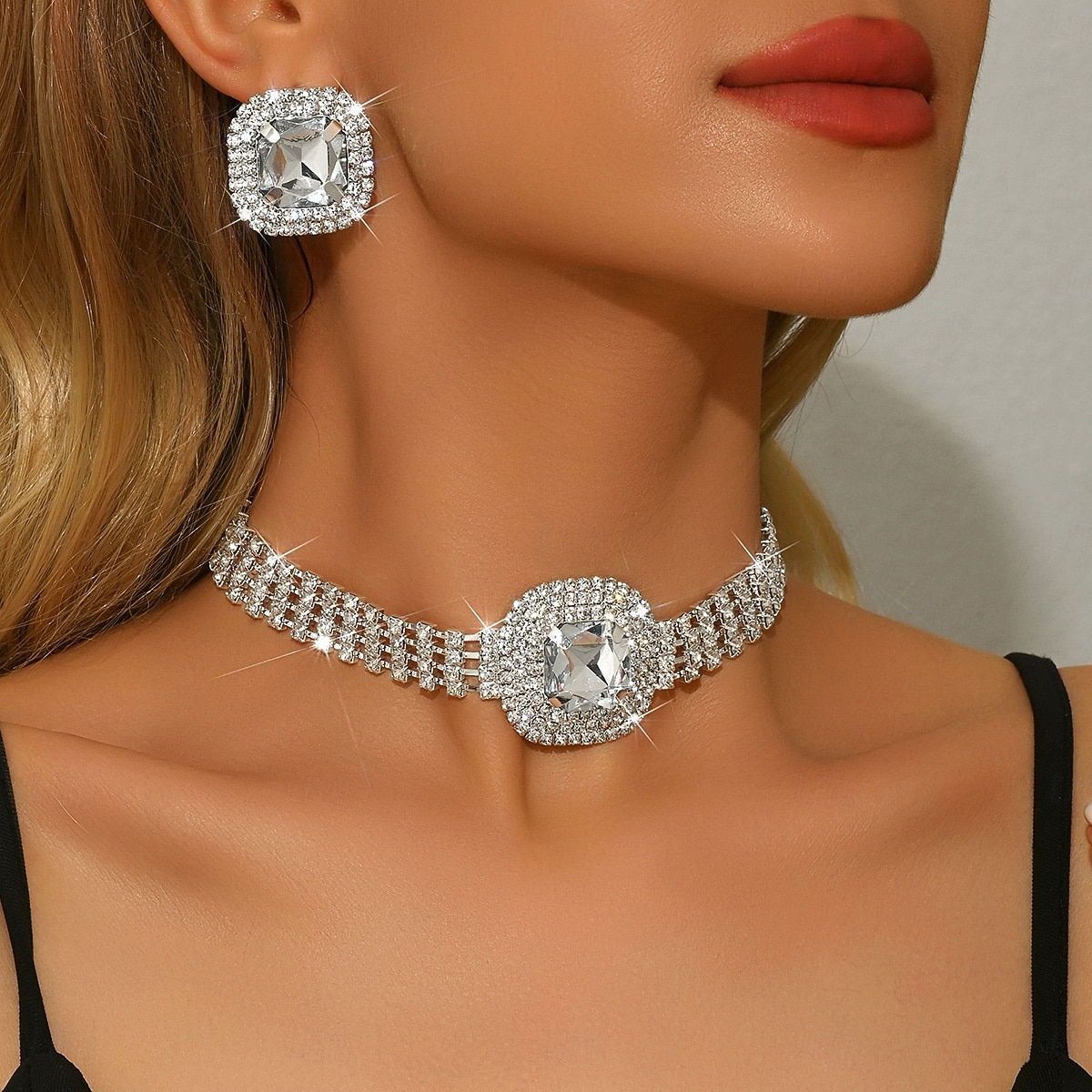 Set de bijuterii din cristal pentru femei - colier tip choker cu strasuri strălucitoare și inele statement pentru petrecere, banchet de seară sau ocazii speciale 2026 - $14.99 –P4