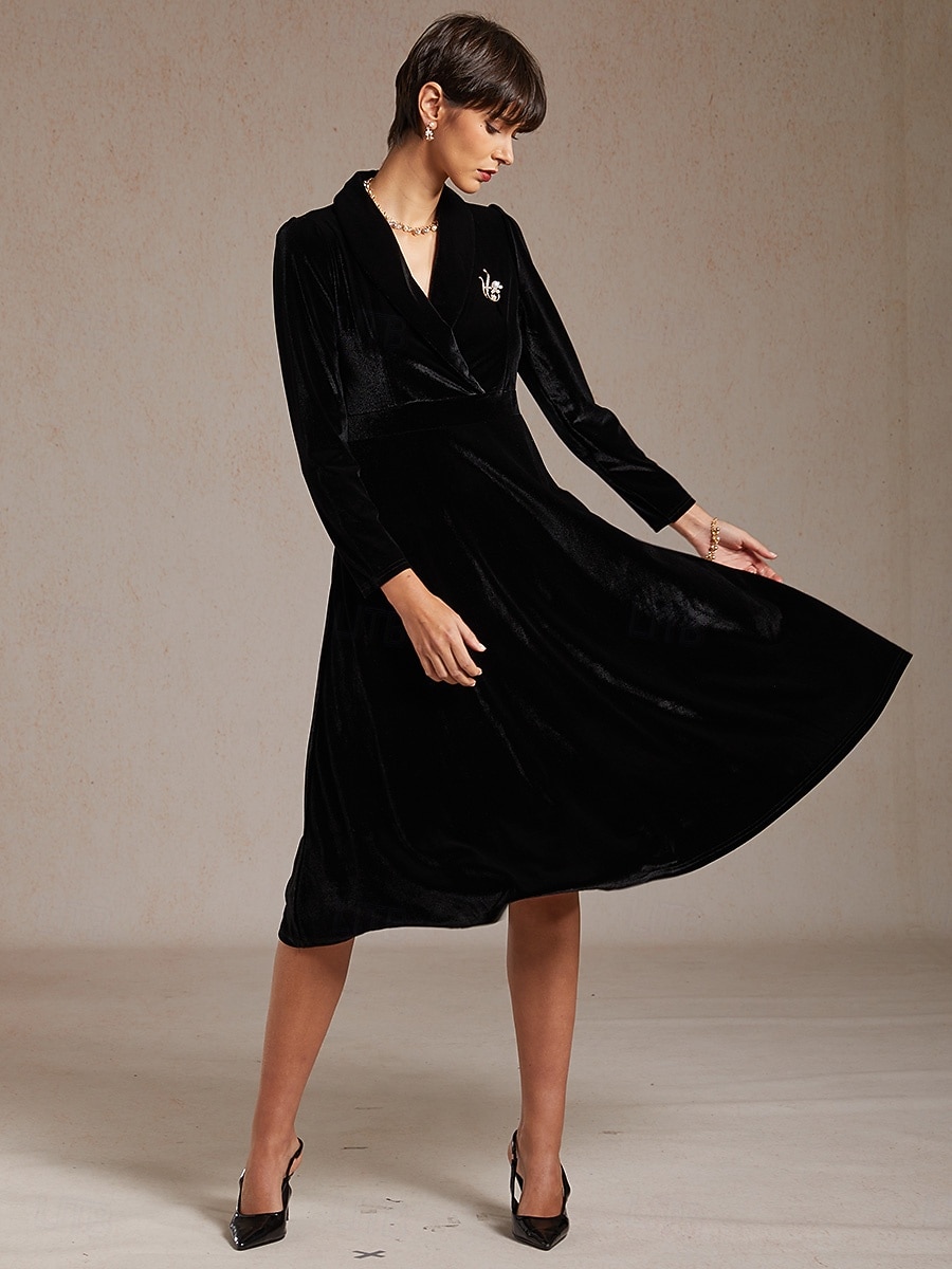 Femmes Robe Midi Robe trapèze Élégant Soirée Coupe régulière Couleur Unie manche longue Col en V Noir Printemps Automne Hiver de 2025 ? $129.99 –P9
