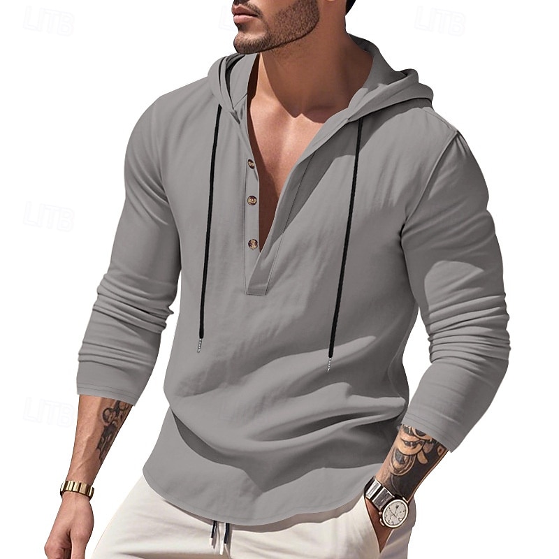 Men's Shirt Popover Shirt Summer Shirt Casual Shirt Beach Shirt Black White Yellow Navy Blue khaki Long Sleeve Solid Color Hooded Vacation Casual Drawstring Clothing Apparel Fashion Casual Comfortable 2026 - $28.99 –P3