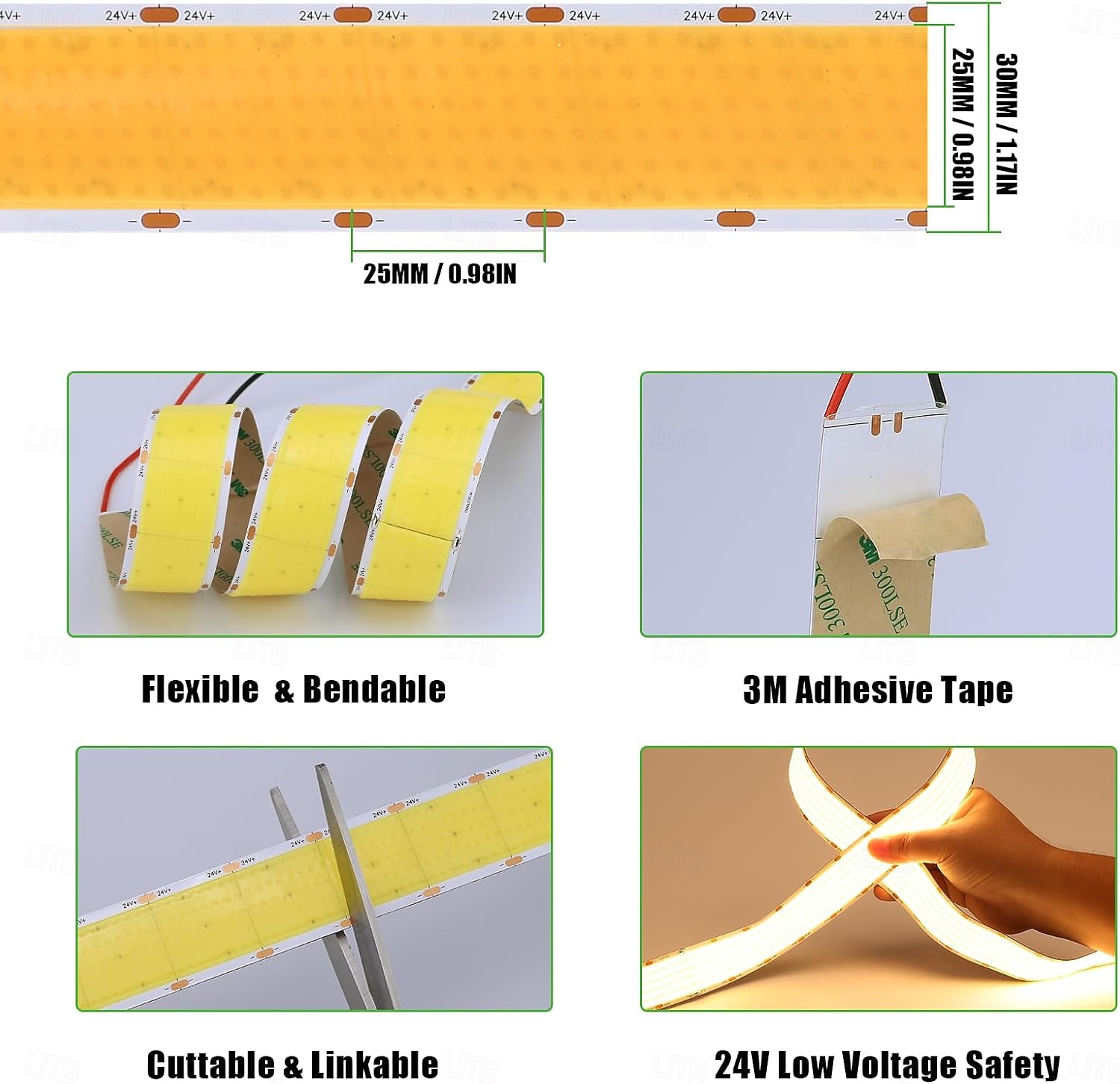 Светодиодная лента COB шириной 24 В, 15 мм, 24 Вт, 960 светодиодов/м, 30 мм, 40 Вт, 1600 светодиодов/м, с высокой яркостью и большой светящейся поверхностью, с регулировкой яркости для помещений, не 2025 - $12.99 –P7