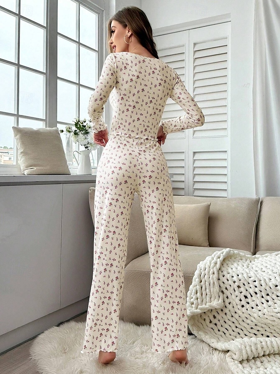 Dame Pyjamas Sett Fritid Komfort Blomstret Elastisk midje Bukse Hjem Daglig Langermet U-hals Hvit Gul Rosa Lilla Vår Høst Normal 2026 - $21.99 –P4