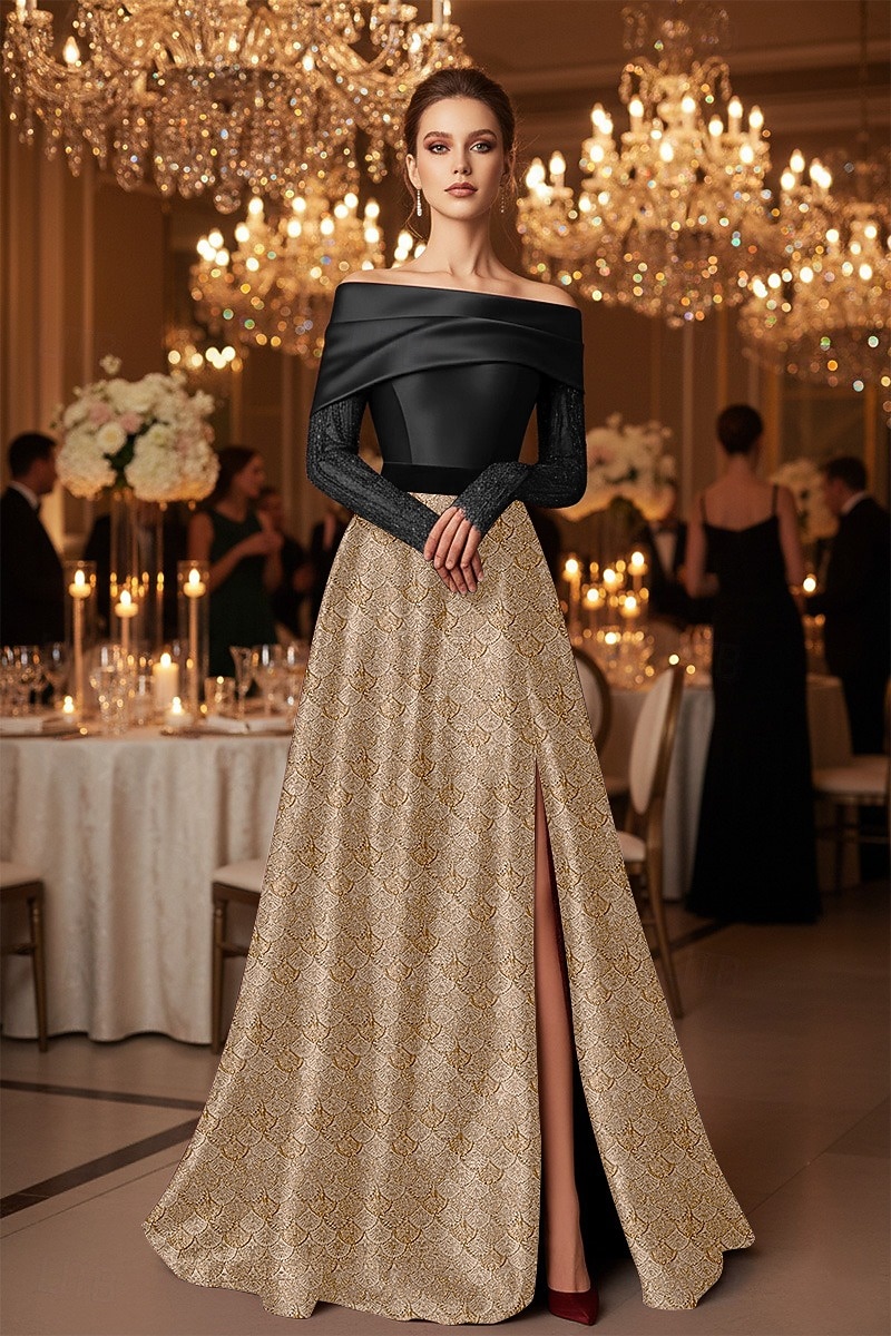 Robe de soirée A-Line noir et or à motif en écaille robe formelle élégante mariage formel longueur de sol sans manches épaules dénudées satin avec appliqué en dentelle perlé et plis fente de 2025 ? $164.99 –P1