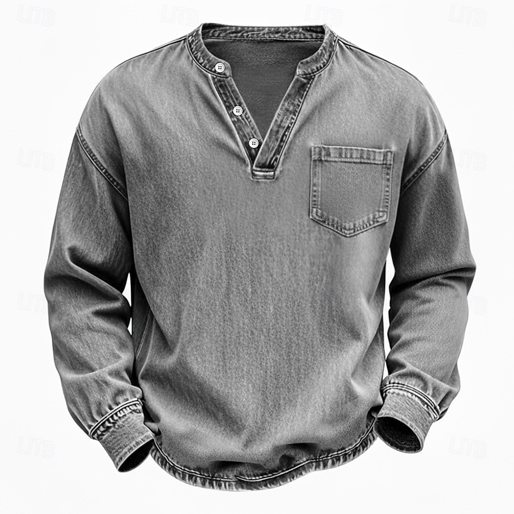 Voor heren Henley-shirt Overhemd van 100% katoen met zure wassing T-shirt T-shirt Lange mouw Wijnoogst Effen kleur Retro vintage Casual Vintagestijl Kledingstuk geverfd gewassen Henley Casual Lente 2026 - $31.99 –P5