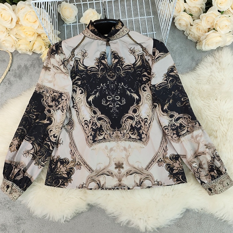 Femmes Chemisier Froncé Imprimé Fleuri Élégant manche longue Col haut Hauts Réguliers Quotidien Fête Sortir Noir Printemps Automne de 2026 ? $29.99 –P3