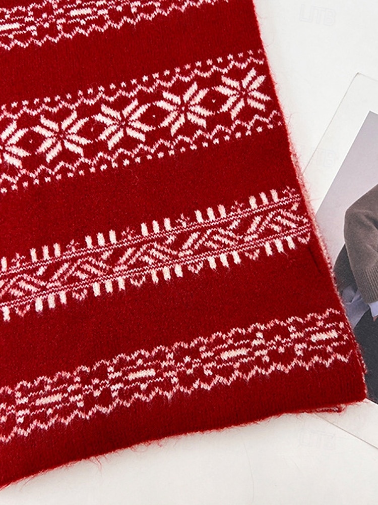 Weihnachtsstrickschal mit Schneeflockenmuster für Damen – aus Acryl, festliches rot-weißes Muster, perfekt für Winterfeiertage und Weihnachtsfeiern 2026 - $11.99 –P6