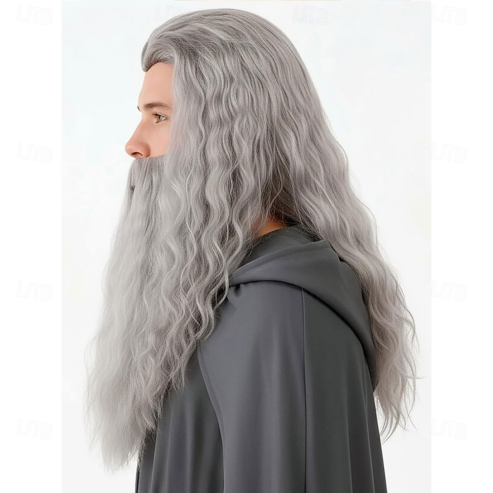 Lange graue Herrenperücke und Bartset für Halloween-Cosplay (Weihnachtsmann, Zauberer) 2026 - $31.99 –P2