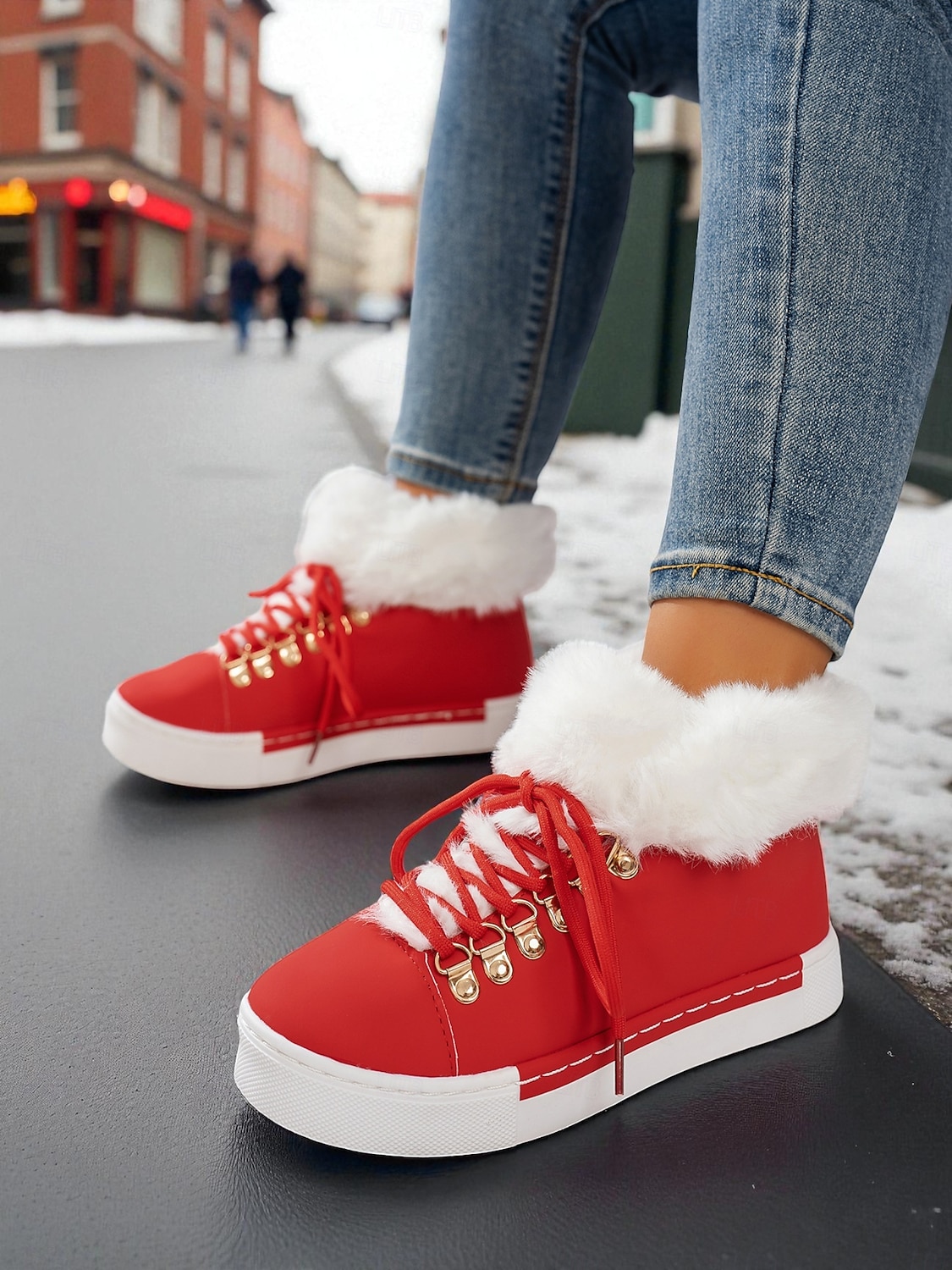 женские красные кеды из искусственного меха — тёплая зимняя обувь на шнуровке с мягкой подкладкой, повседневная рождественская обувь для отдыха на природе и уличного стиля 2026 - $42.99 –P2