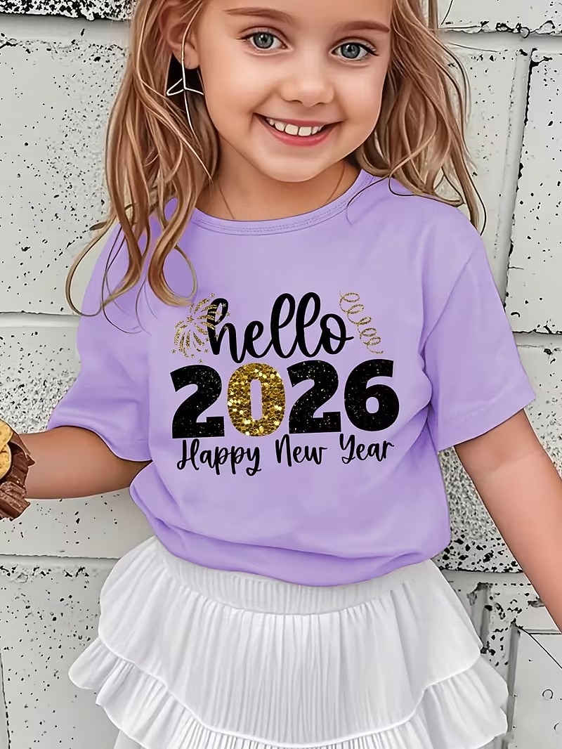חולצת טריקו לבנות למסיבת ראש השנה 2026 עם גרפיקה תלת מימדית, אותיות, שרוולים קצרים, הדפס תלת מימד, קיץ, אביב, ספורט, אופנתי, אופנת רחוב, ילדים 4-12 שנים, צווארון עגול, חוץ, קז'ואל, יומי, גזרה רגילה 2026 - $11.99 –P12