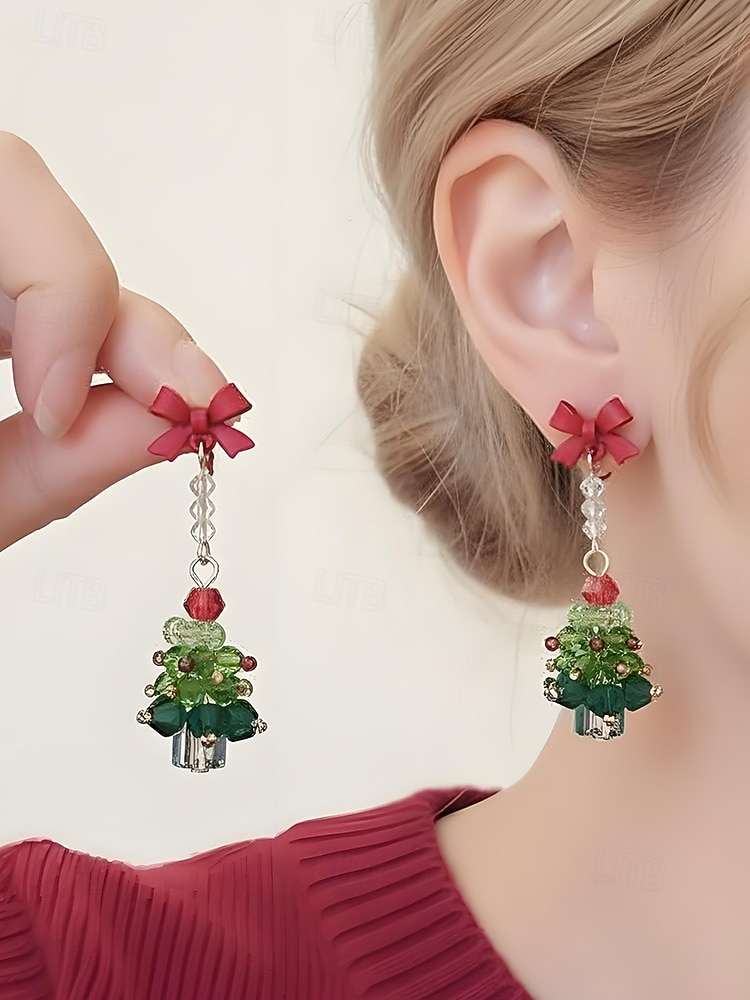 Bijuterii acrilice de Crăciun pentru femei – colier și cercei cu brad festiv și funde roșii, perfecți pentru petreceri și sărbători 2026 - $9.99 –P5