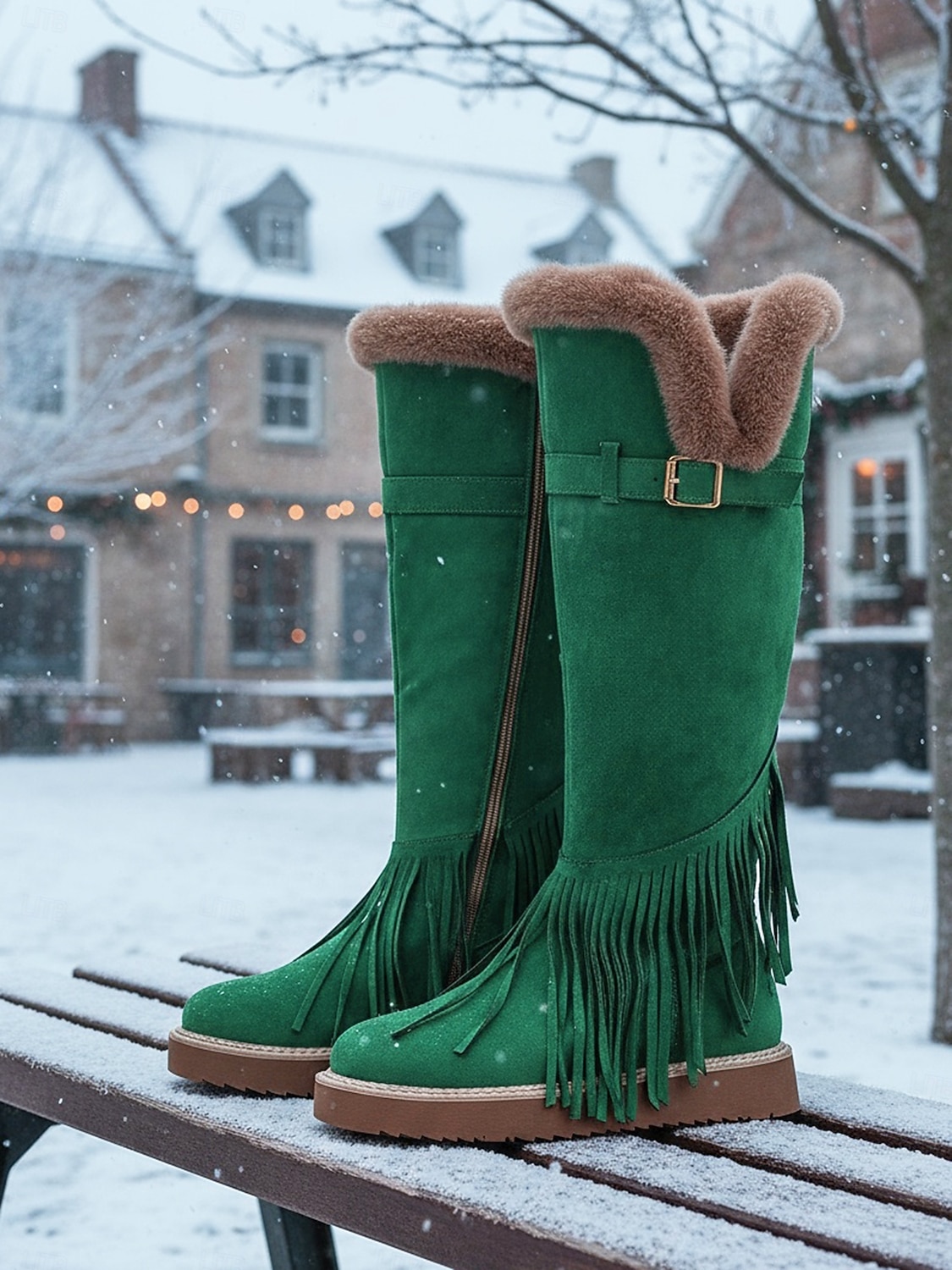 Women's Green Fringe Faux Suede Snow Boots with Fur Lining – Stylish Knee-High Winter Boots Footwear for Cold Weather, Snow and Outdoor Adventures 2026 - $69.99 –P2