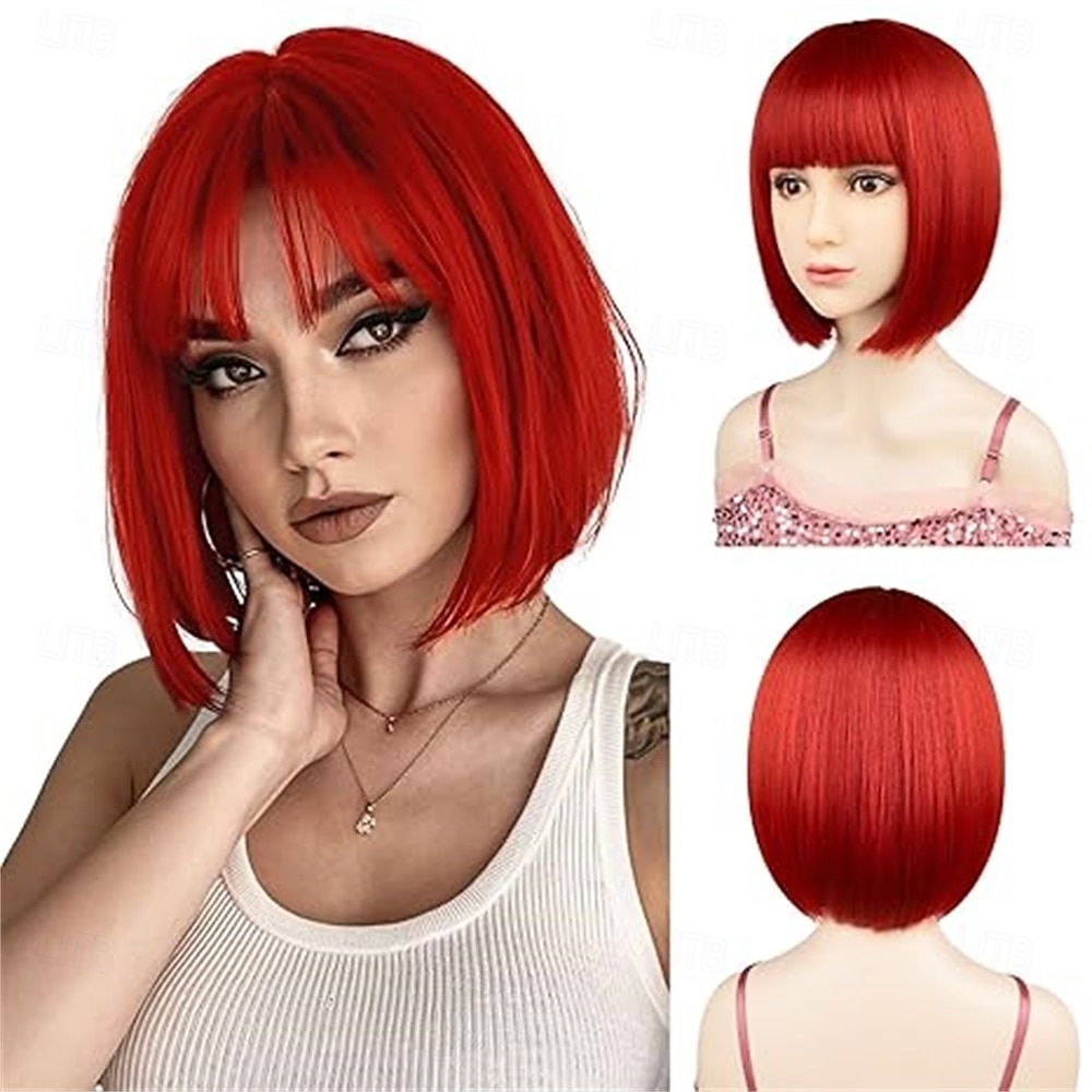 Peruca de Carnaval 2026 Vermelho Azul Branco Liso Bob Curto Peruca sintética para festivais Mardi Gras Parada Cabelo para fantasia de cosplay para Feminino de 2026 por $21.99 –P5