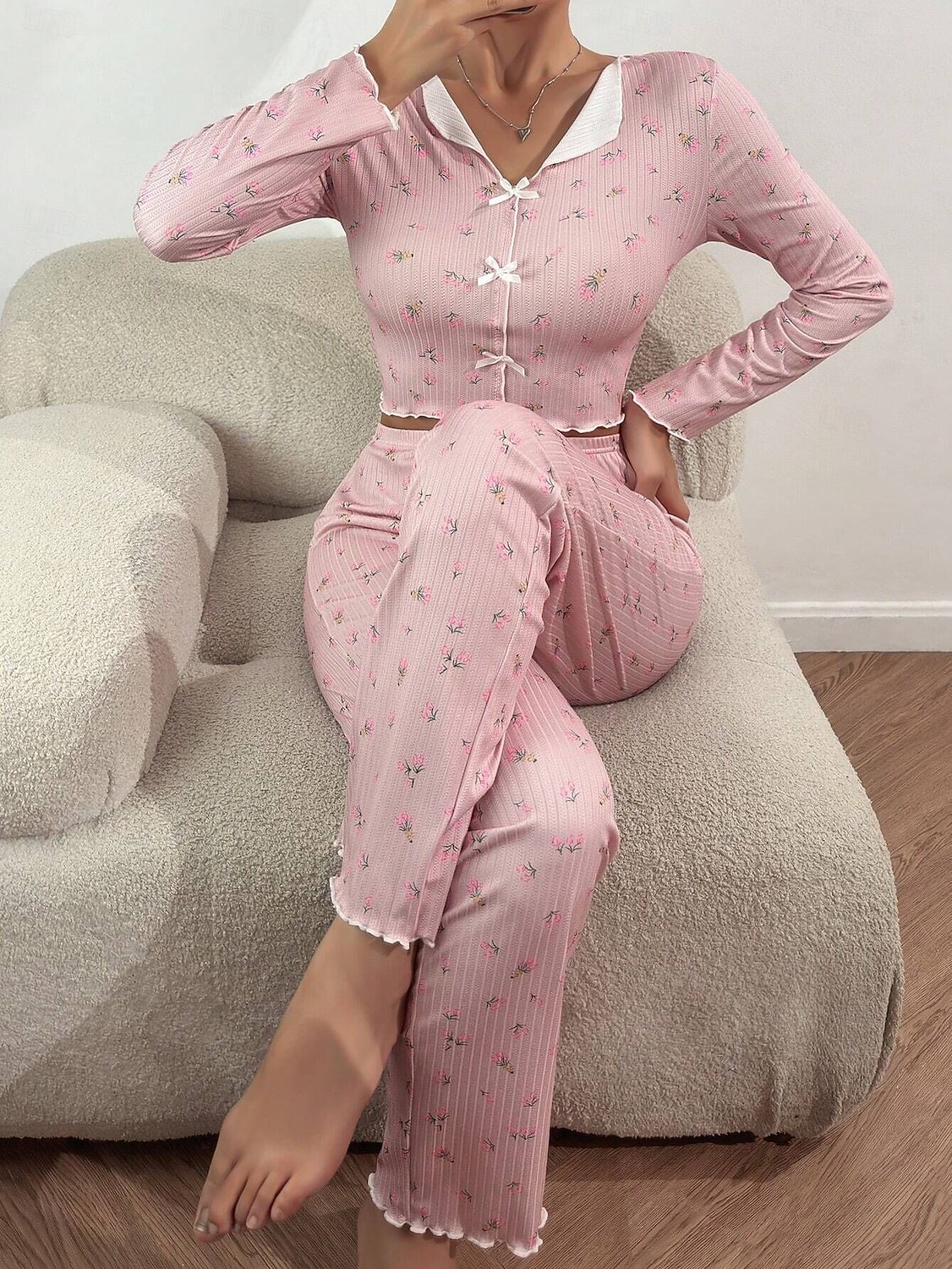 Damen Schlafanzug Set Lässig Komfort Blumen Elastischer Bund Hose Heim Täglich Langarm V Ausschnitt Blau Schwarz Weiß Rosa Frühling Herbst Normale Passform 2026 - $19.99 –P21
