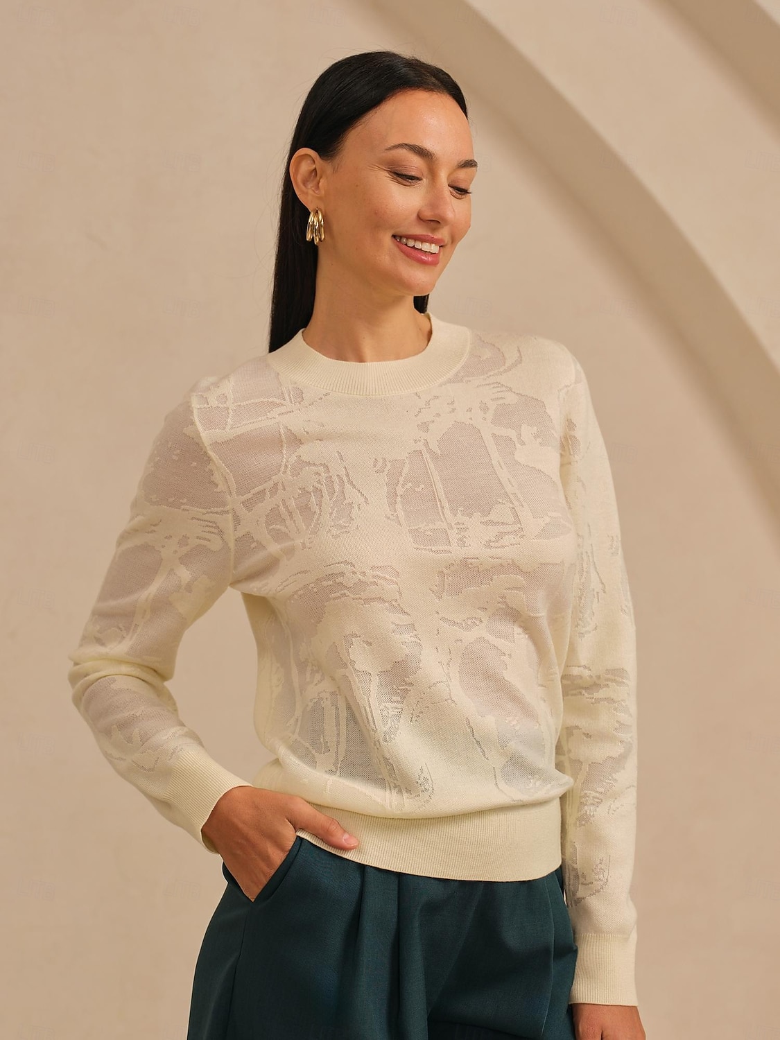 maglione girocollo in organza di lana lavorato a maglia floreale casual da vacanza del 2026 a $91.99 –P1