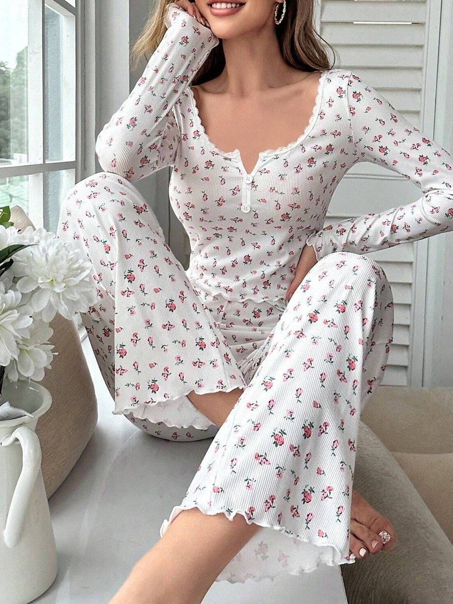 Dame Pyjamas Sett Fritid Komfort Blomstret Elastisk midje Bukse Hjem Daglig Langermet U-hals Hvit Gul Rosa Lilla Vår Høst Normal 2026 - $21.99 –P9
