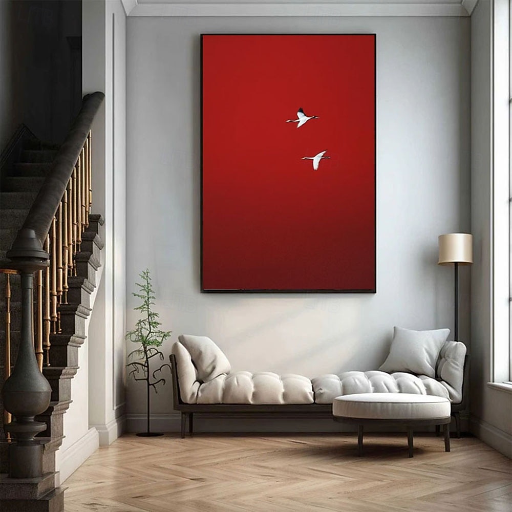 handgjord surrealistisk karmosinröd himmelmålning handmålad väggkonstposter minimalistisk väggkonstmålning duk karmosinröd väggkonst röd stilmålning flygande vita fåglar väggkonst premiumposter 2026 - $139.99 –P3