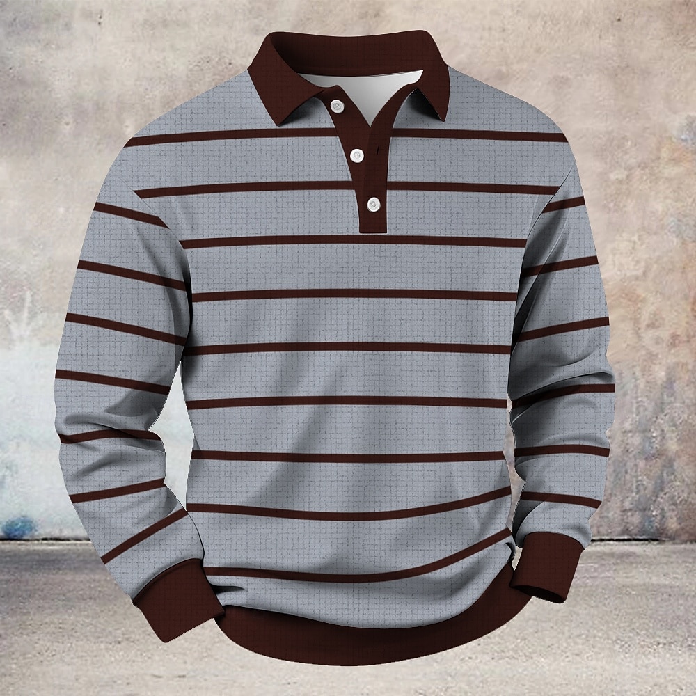 Voor heren Horizontale stroken Wafel Poloshirts Rugbypolo Lange mouw Poloshirt Overhemden met kraag Casual Sport Alledaagse kleding Knop Lente Herfst Winter blauw Zwart Bruin 2026 - $28.99 –P3