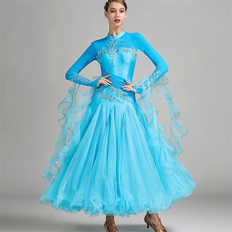 Женское элегантное платье для бальных танцев бирюзового цвета, украшенное стразами, с высоким воротником, для вальса, танго, румбы, современного танца, для выступлений на соревнованиях 2026 - $190.99 –P14