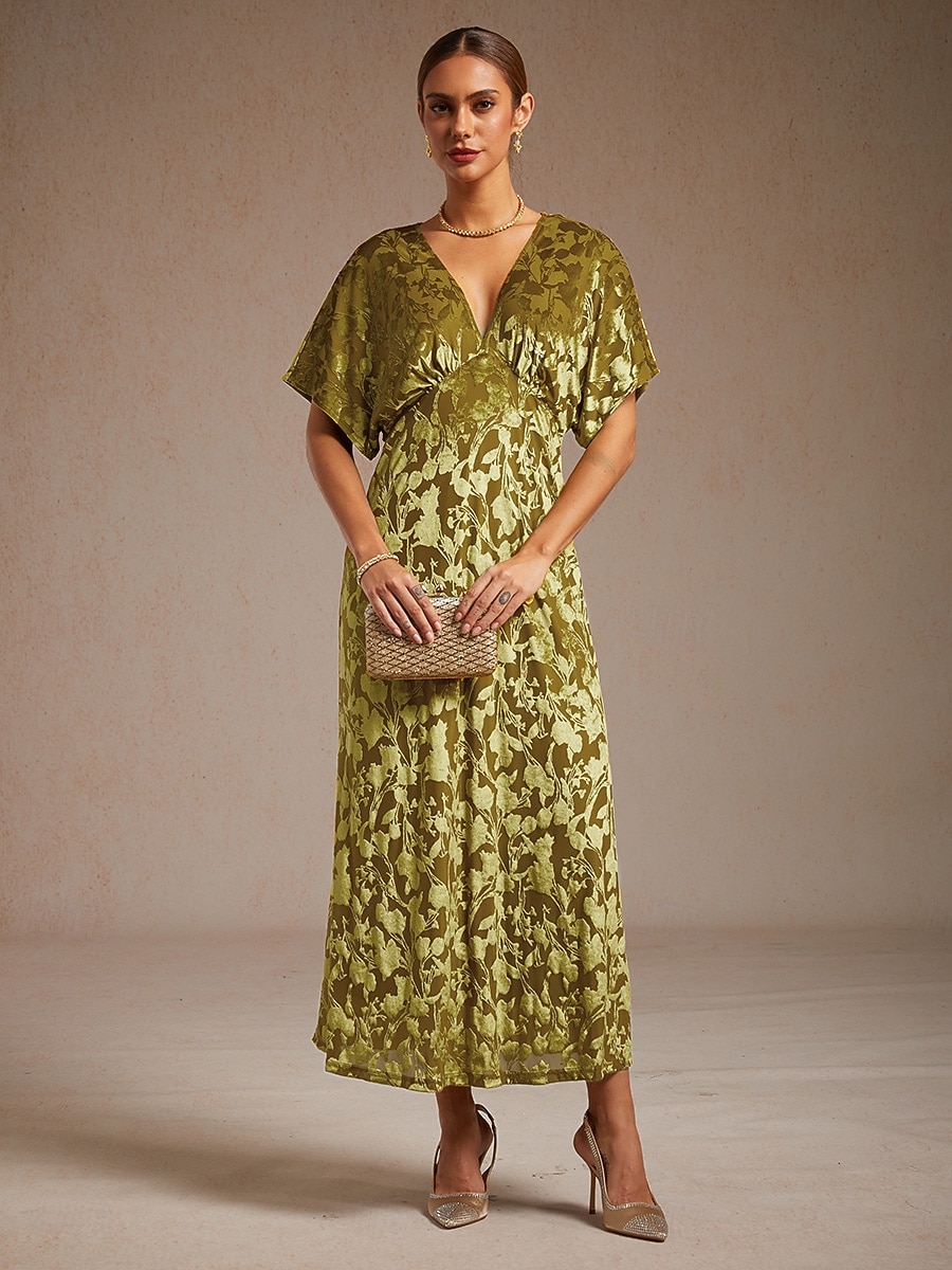 dames maxi-jurk a-lijn jurk fluweel elegant feest bruiloft gast bloemen blad halve mouw v-hals smaragdgroen lente herfst winter 2025 - $121.99 –P12