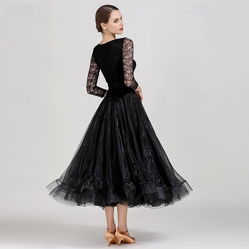 Abito da allenamento per ballo da sala da donna, elegante, nero, con maniche in pizzo, scollo a barca, valzer, tango, rumba moderna del 2026 a $161.99 –P3