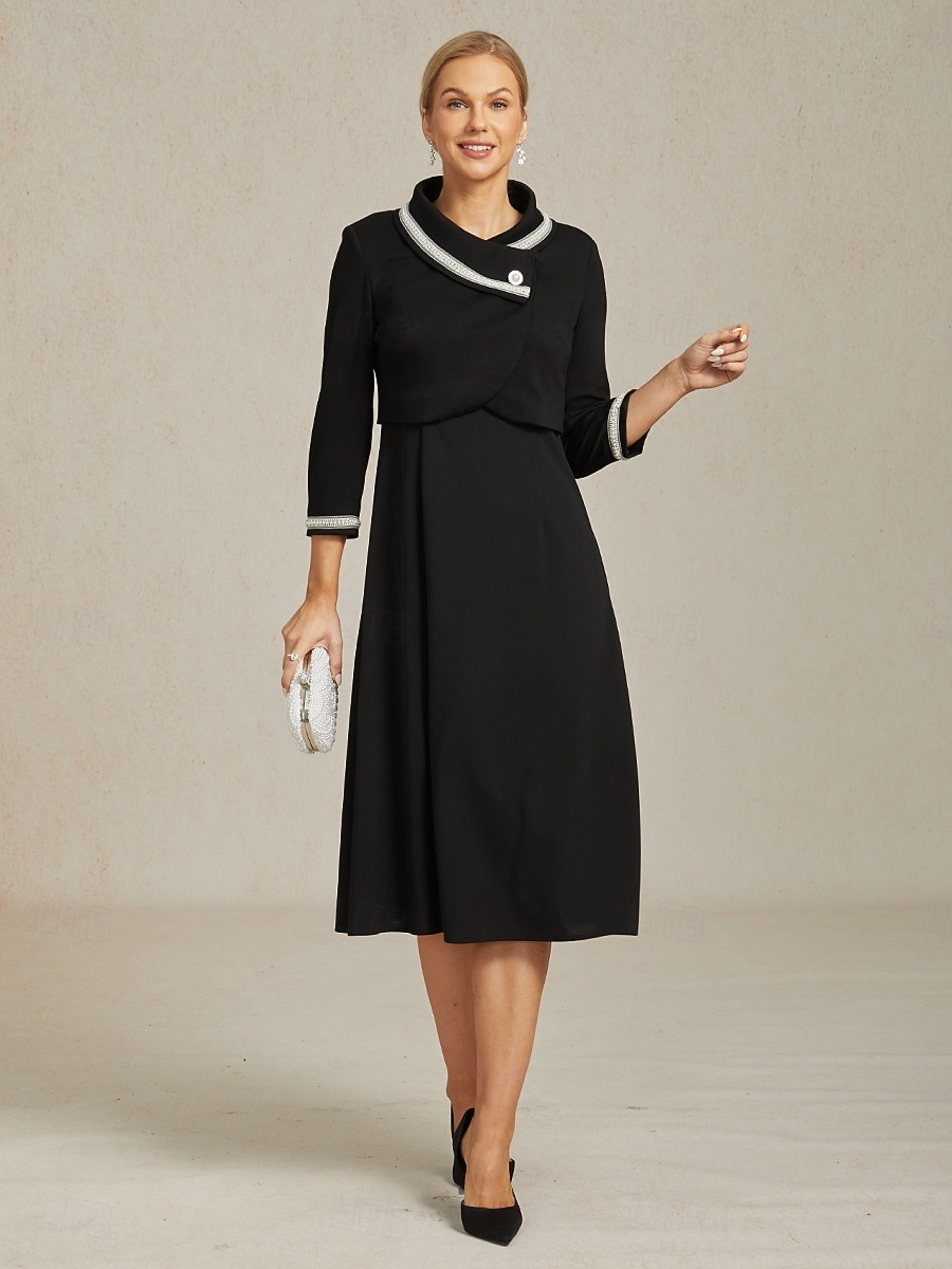 בגדי ריקוד נשים כפתור למעלה Ruched קפלים חרוזים אלגנטית שרוול 4\3 צווארון V Crop Tops עבודה אורחת חתונה לבוש קוקטייל שחור אביב סתיו חורף 2026 - KZT 14968.31 –P9