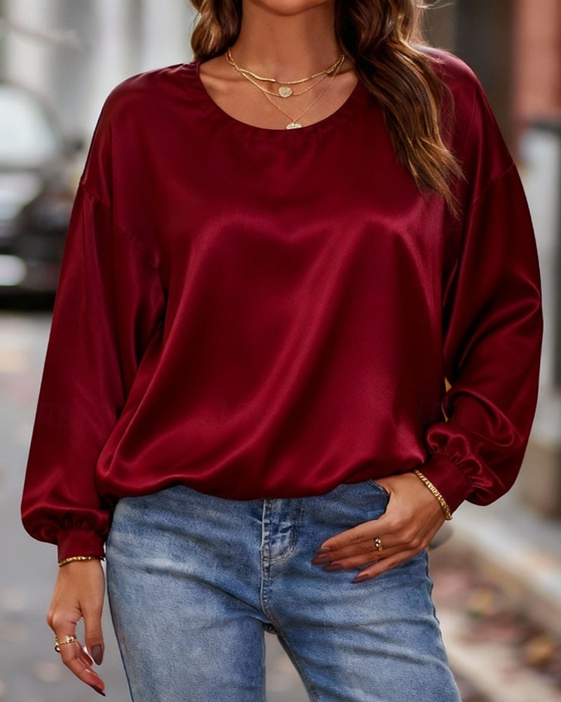 Γυναικεία Πουκάμισο Κομψή Φιλάρεσκος Σατέν Μπλούζα Κουρελού Σκέτο Κομψό Στυλάτο Καθημερινό Μακρυμάνικο Στρογγυλή Ψηλή Λαιμόκοψη Κανονικά μπλουζάκια Καθημερινά Αργίες Εξόδου 2026 - $26.99 –P3