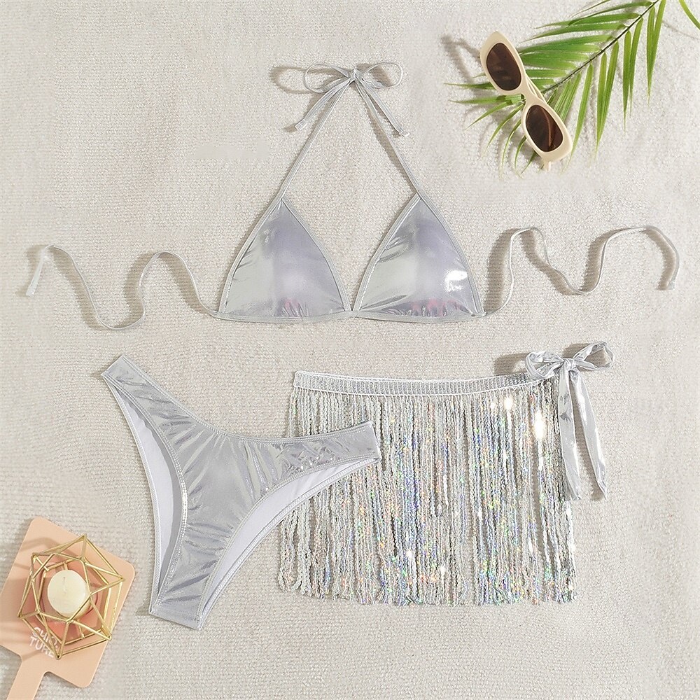 Samba Dancewear Outfit strălucitor din paiete argintii pentru femei - Set cu top halter bralette și fusta pentru petreceri rave - Costum de performanță 2026 - $34.99 –P7