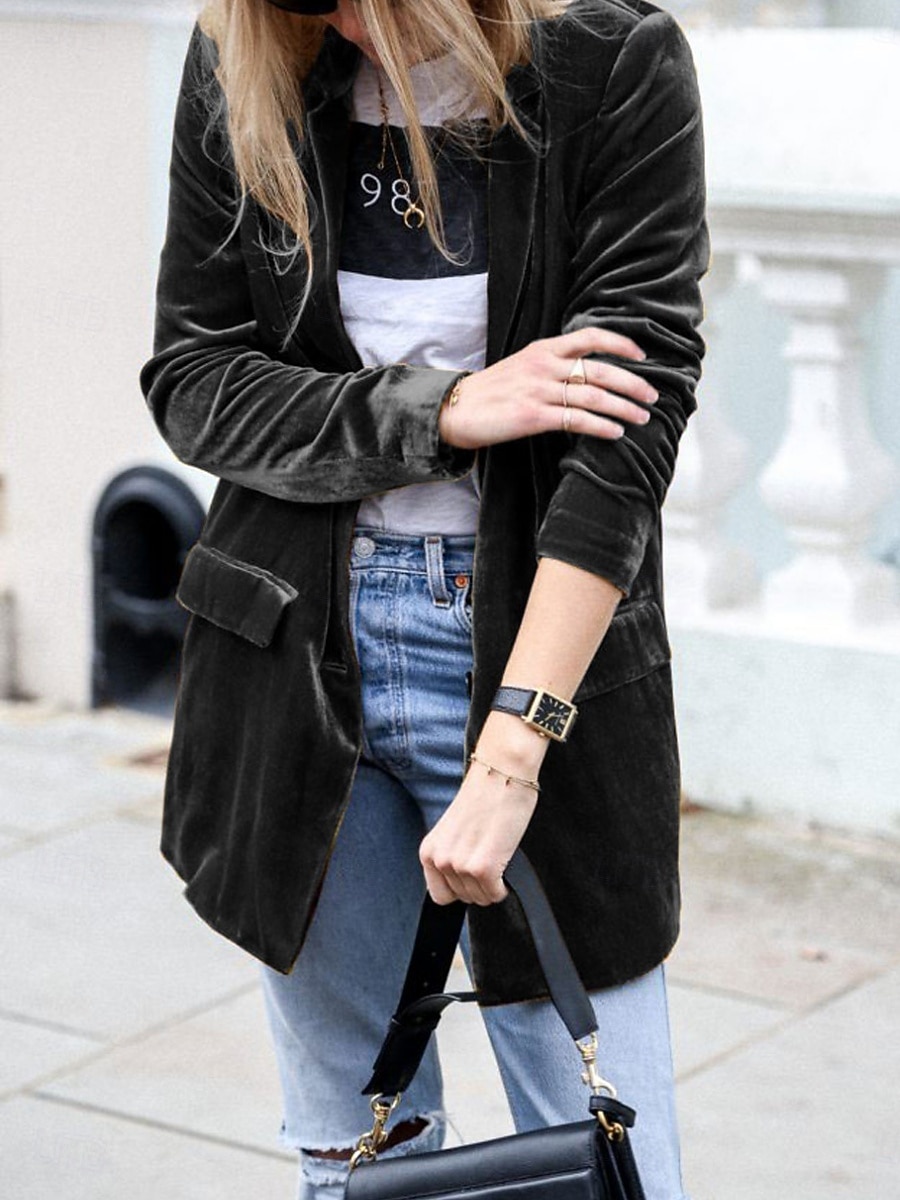 Damen Freizeitjacke Samtblazer Bequem Atmungsaktiv Tasche Lässig Einfach Urlaub Straße Lässig Alltagskleidung Offene Vorderseite Regulär Umlegekragen Normale Passform Langarm Oberbekleidung Blau 2025 - $33.99 –P5