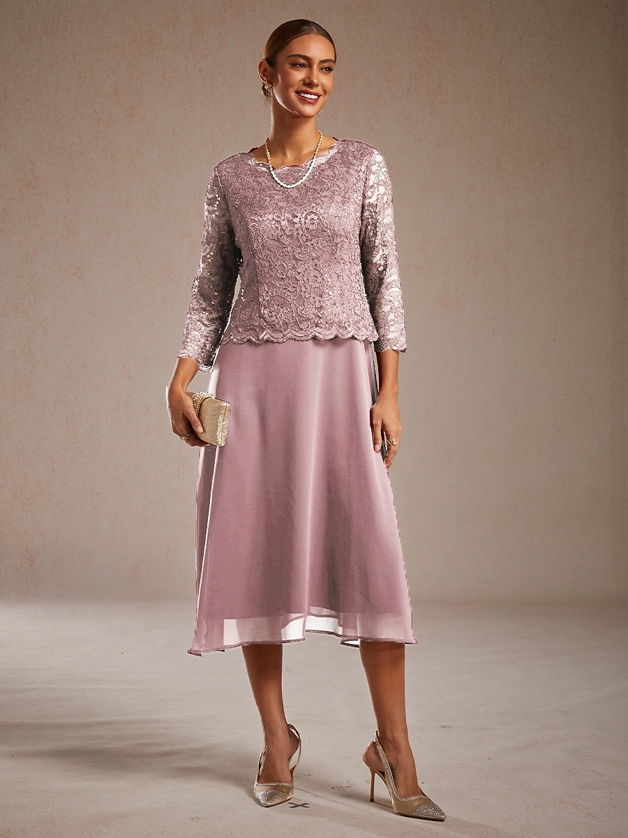 Női Midi ruha Sifon ruhák Elegáns Estély Esküvői vendég Flitter Csipke Normál Tömör szín Háromnegyedes Terített nyak Arcpír rózsaszín 2026 - $135.99 –P5