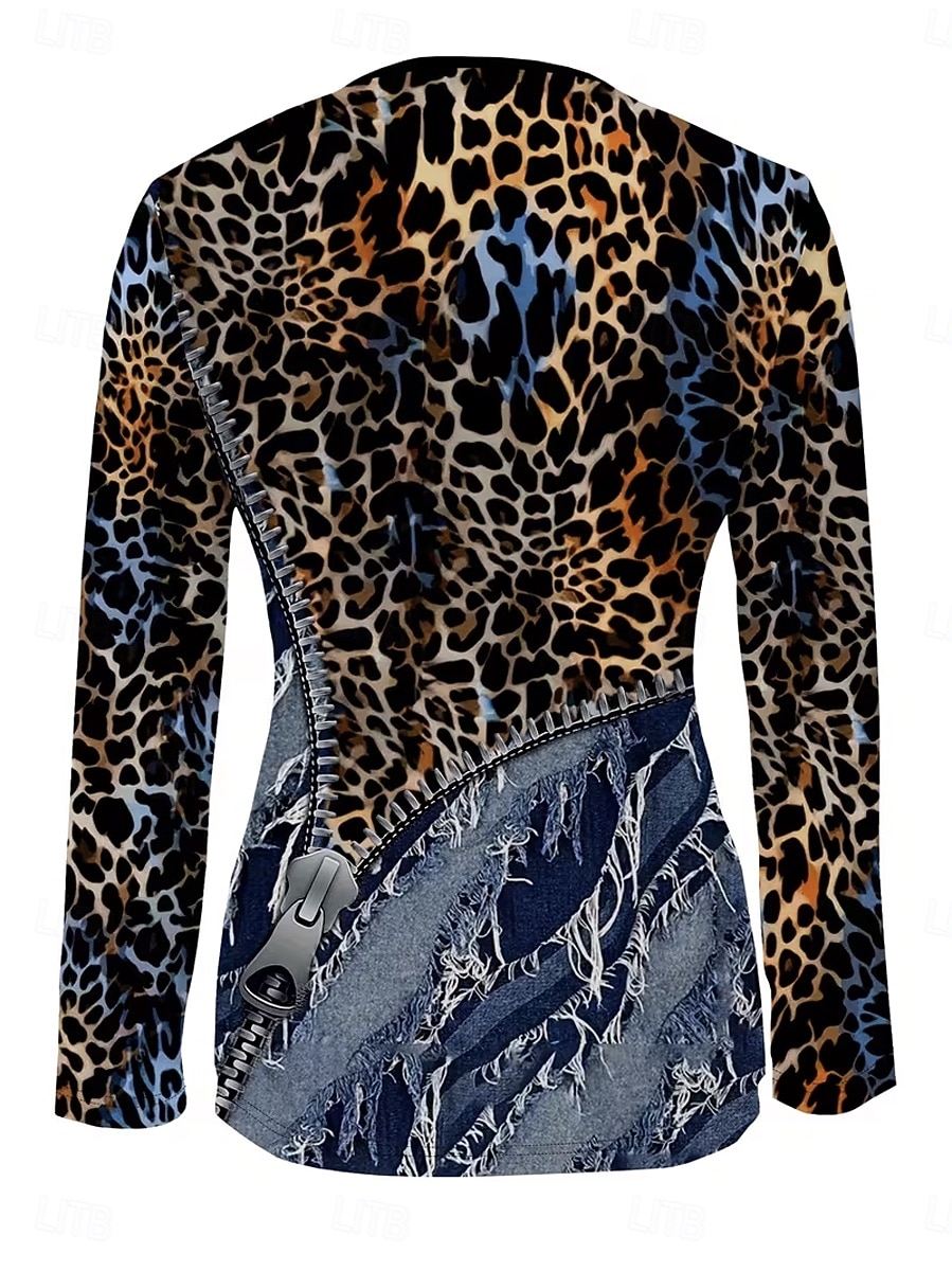 Women's T Shirt Zipper Print Graphic Leopard Fashion Casual Long Sleeve Crew Neck V Neck Regular Tops Daily Blue Spring Fall Winter 2026 - $25.99 –P2