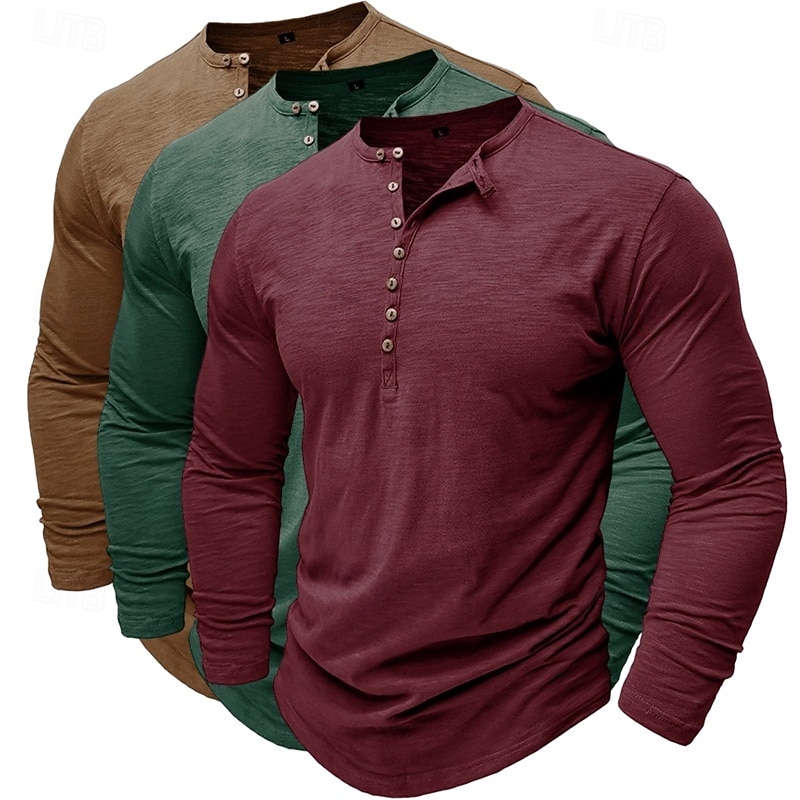 3er-Pack Henley-Shirts für Herren, langärmlig, einfarbig, modisch, lässig, für Alltag und Freizeit, 3er-Pack, Henley-Shirts in Blau, Weiß und Schwarz, ideal für Sommer und Frühling, 2026 - $62.99 –P8