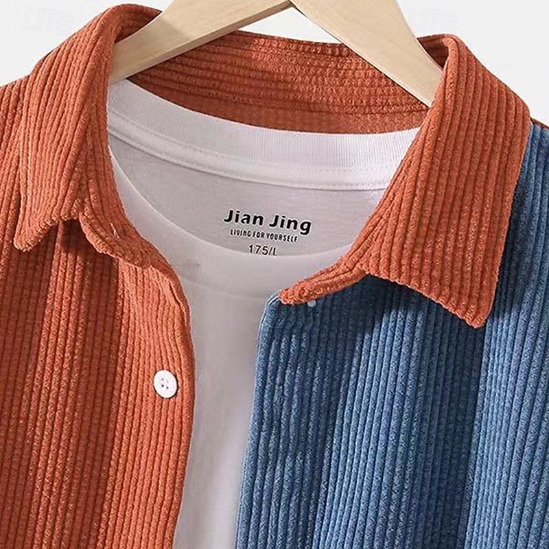 Муж. Рубашка Повседневная рубашка Вельветовая рубашка Кнопка рубашка Синий Оранжевый Длинный рукав Контрастных цветов Лацкан Повседневные на открытом воздухе Карман Одежда 2026 - $26.99 –P2