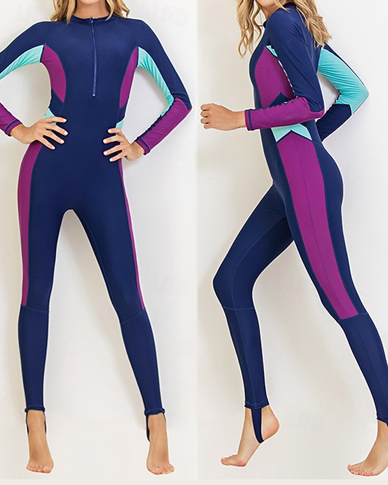 Women's Full Body Rash Guard One Piece Surfing Suit Color-blocking with Built in Bra  UPF 50+ Tummy Control Long Sleeve Diving Suit Surfing Canoeing Snorkeling Winter 2026 - $50.99 –P1