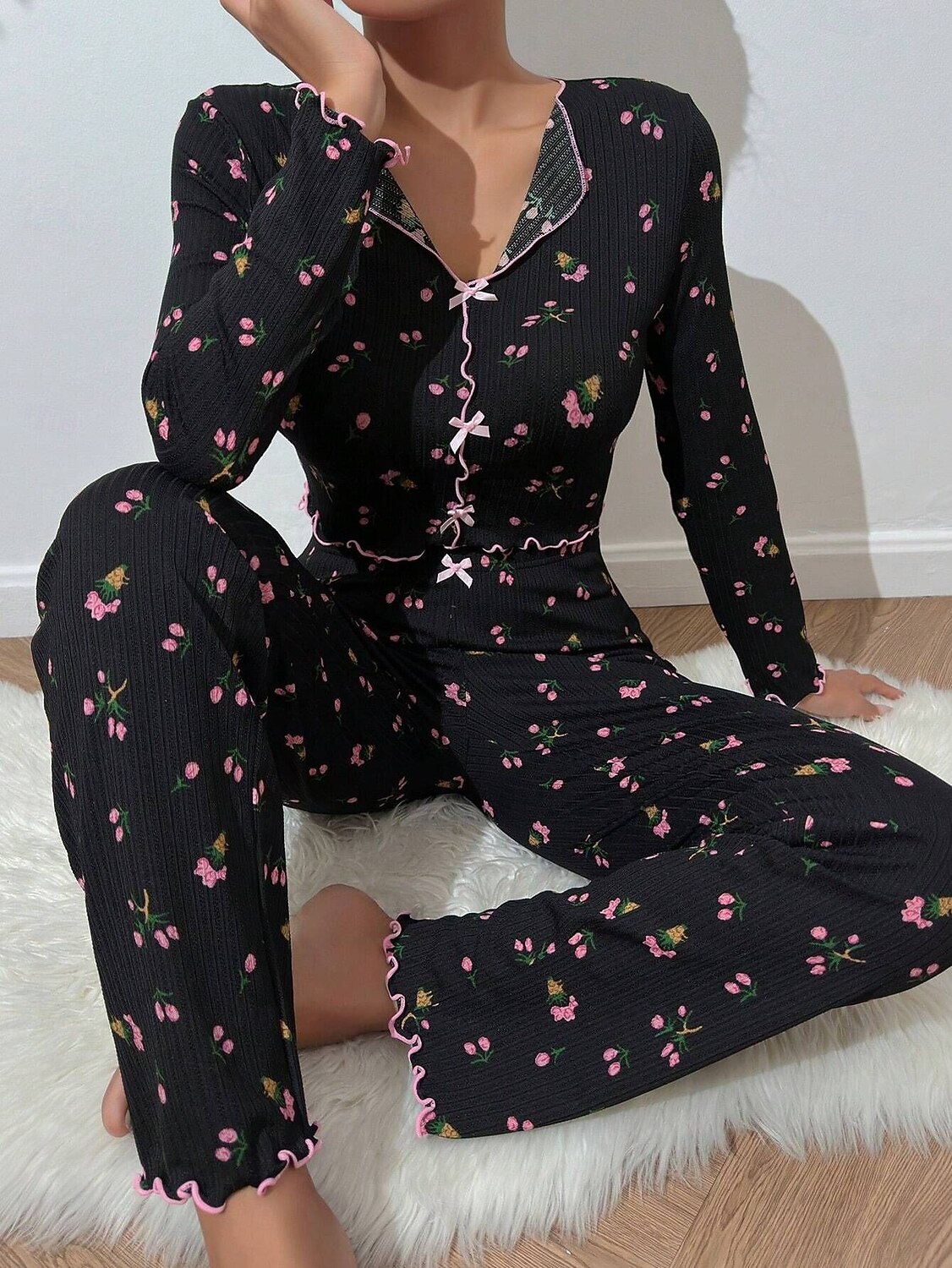 Damen Schlafanzug Set Lässig Komfort Blumen Elastischer Bund Hose Heim Täglich Langarm V Ausschnitt Blau Schwarz Weiß Rosa Frühling Herbst Normale Passform 2026 - $19.99 –P7