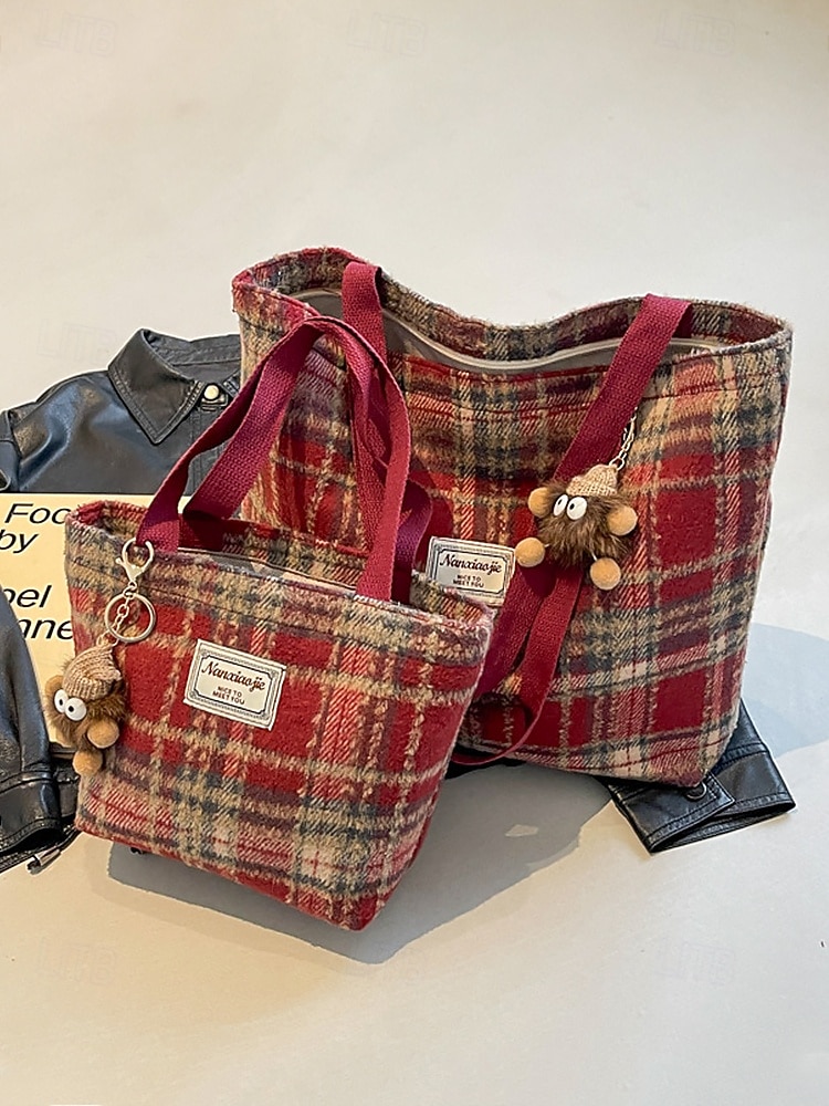 Женские рождественские клетчатые сумки-шопперы – большие и маленькие размеры, полиэстеровая ткань с помпонами, праздничный стиль для предпраздничного шопинга и подарков 2026 - $11.99 –P6