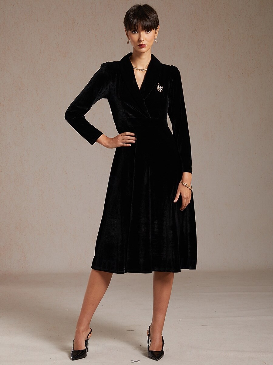 Femmes Robe Midi Robe trapèze Élégant Soirée Coupe régulière Couleur Unie manche longue Col en V Noir Printemps Automne Hiver de 2025 ? $129.99 –P10