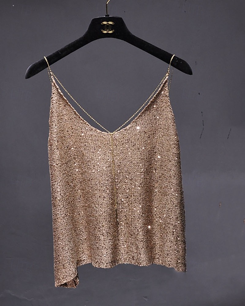 Pentru femei Bluză Topuri cu paiete Camisole Tank Top Paiete Strălucire Fără Spate Simplu Elegant Metalic Stilat Fără manșon În V Topuri obișnuite Concediu Ieșire Negru Kaki Vară Primăvară Toamnă 2026 - $51.99 –P4