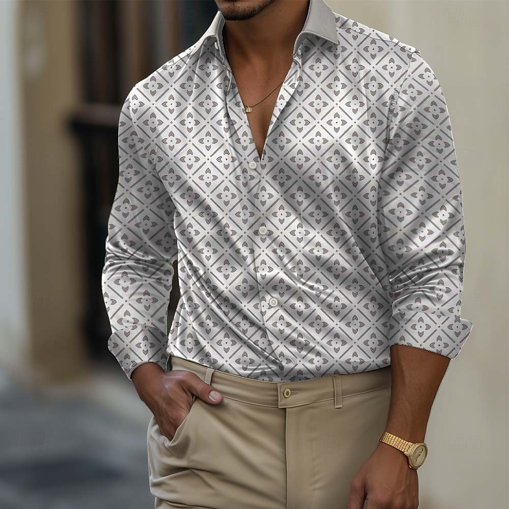 Herren Geometrisch Karo / Karomuster Blumendruck Hemd Satinhemd Kleidhemd Langarm Business-Casual Urlaub Alltagskleidung Sommer Frühling Herbst Umlegekragen 3D-Druck Hemden mit Knopfleiste Blau Wei 2026 - $29.99 –P1
