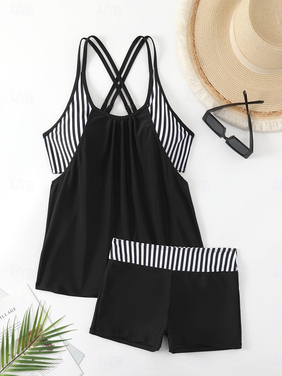 بدلة سباحة نسائية تانكيني قطعتين شورتات تحكم في البطن عالية الخصر نحيف بدون ظهر ملابس شاطئ إجازة مزينة بخطوط برقبة على شكل حرف U بدون أكمام 2026 - $33.99 –P4