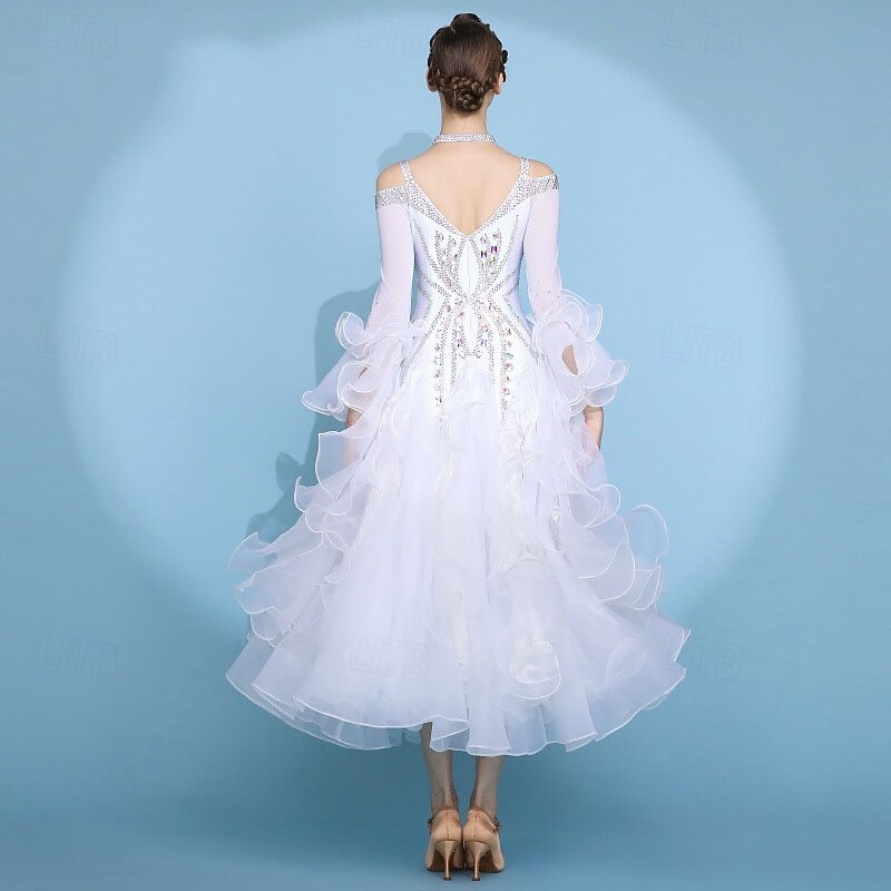 Ballroom Dance Dress Pleats Splicing Crystals / Rhinestones Women's Performance Training Long Sleeve High Spandex Mesh 2026 - $895.79 –P5
