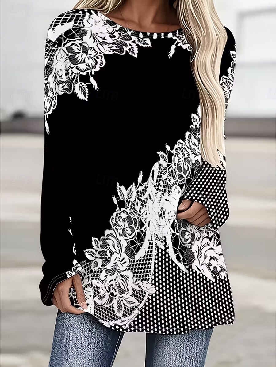 Mulheres Camiseta Imprimir Floral Gráfico Poá Vintage à moda Clássico Manga Longa Gola Redonda Decote Redondo Tops regulares Diário Branco / Preto Preto Branco Primavera Outono de 2026 por $26.99 –P1