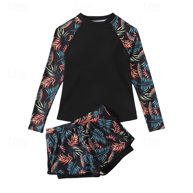 traje de baño de dos piezas para mujer tankini de palmera alta cintura control de abdomen alta cintura sin espalda vacaciones ropa de playa hojas florales cuello redondo de manga larga 2026 - $33.99 –P12