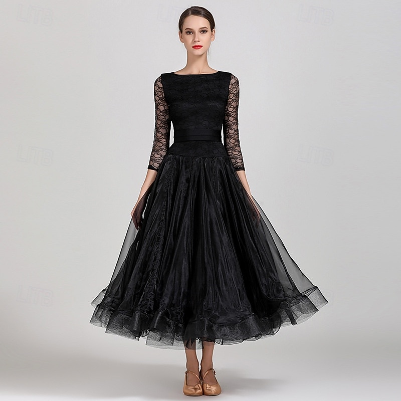 Abito da allenamento per ballo da sala da donna, elegante, nero, con maniche in pizzo, scollo a barca, valzer, tango, rumba moderna del 2026 a $161.99 –P1