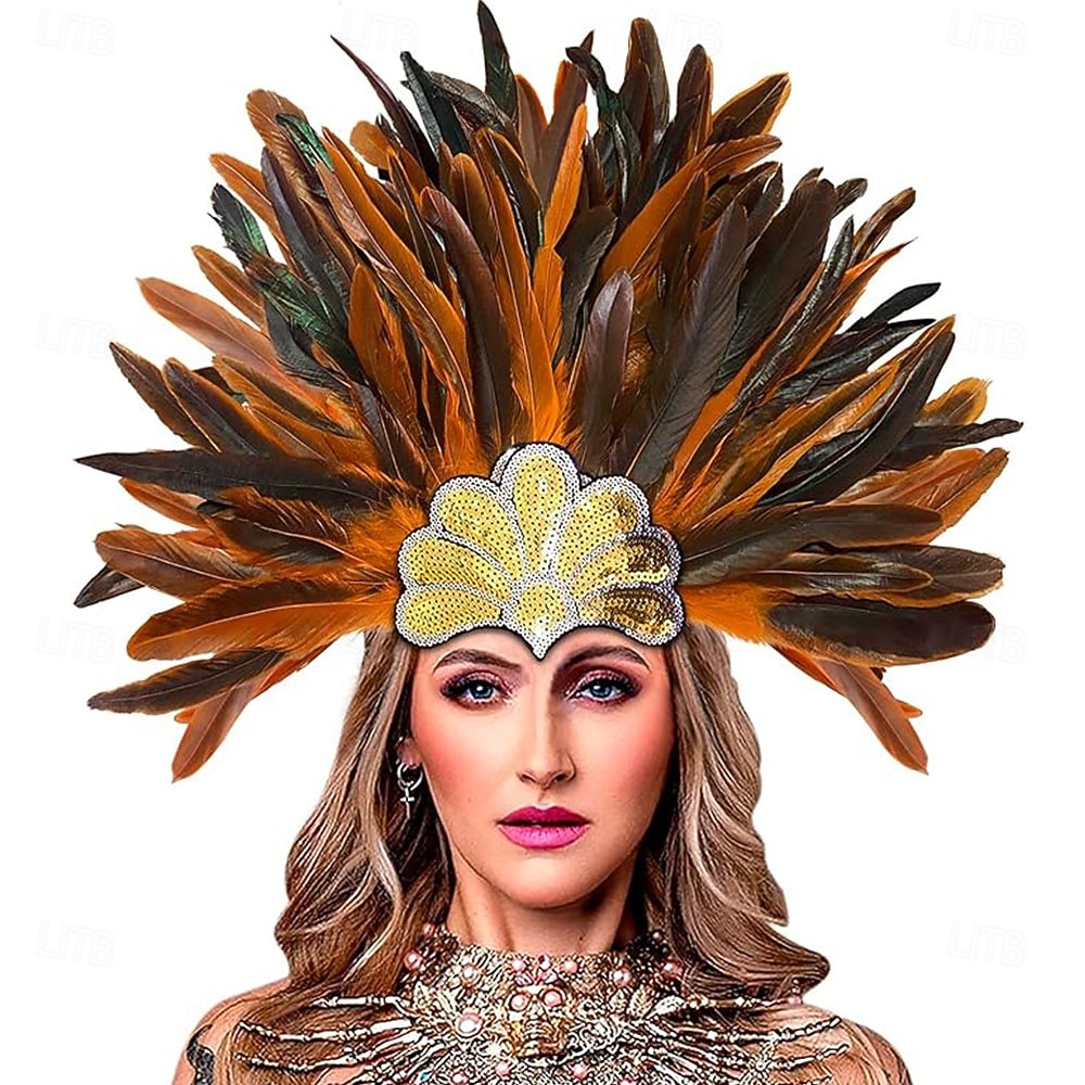 Carnaval 2026 Rio Carnaval Samba Accessoires Bruin Oranje Veer Hoofdband voor Dames - Gouden Pailletten Showgirl Hoofddeksel - Mardi Gras Accessoire Brazilië Festival Prestatie Kostuum 2026 - $16.99 –P1