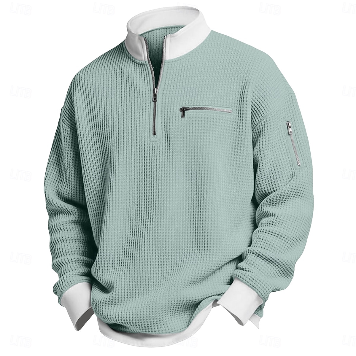 Herre Vaffel T-skjorte T skjorte Langermet Halv glidelås Vår Høst vinter Helfarge Tradisjonell / vintage Fritid Fargeblokk Lomme med glidelås utendørs Hjem Sport & Utendørs Lyseblå Rød Lilla Topp 2026 - $26.99 –P4