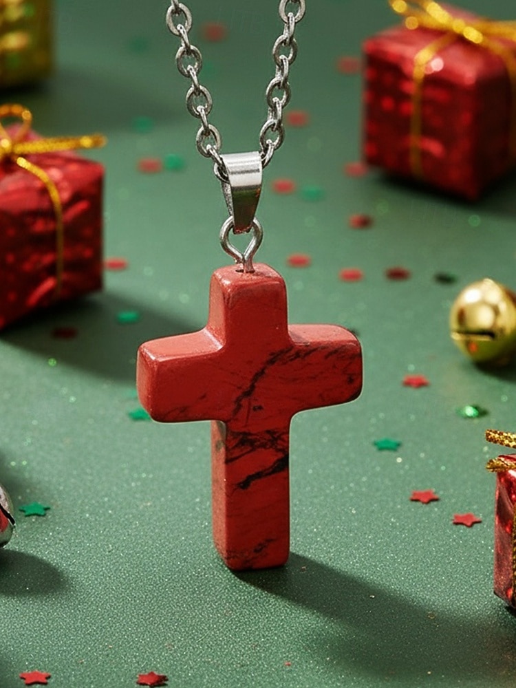 Мужское рождественское ожерелье с подвеской-крестиком из натурального камня, доступно в нескольких цветах, стильный и модный дизайн, идеально подходит для подарков на праздники 2026 - $9.99 –P3